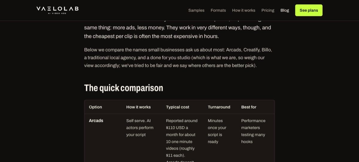 Arcads vs Creatify vs Billo comparison on Vaelolab
