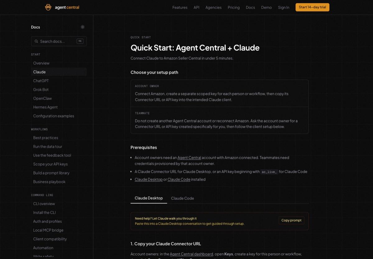 Agent Central's quick start guide for connecting Claude to Amazon Seller Central