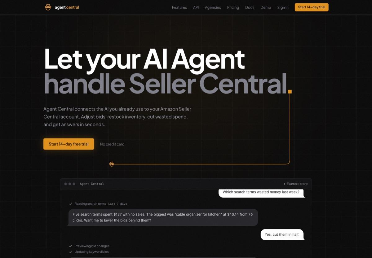 The Agent Central homepage: let your AI agent handle Seller Central