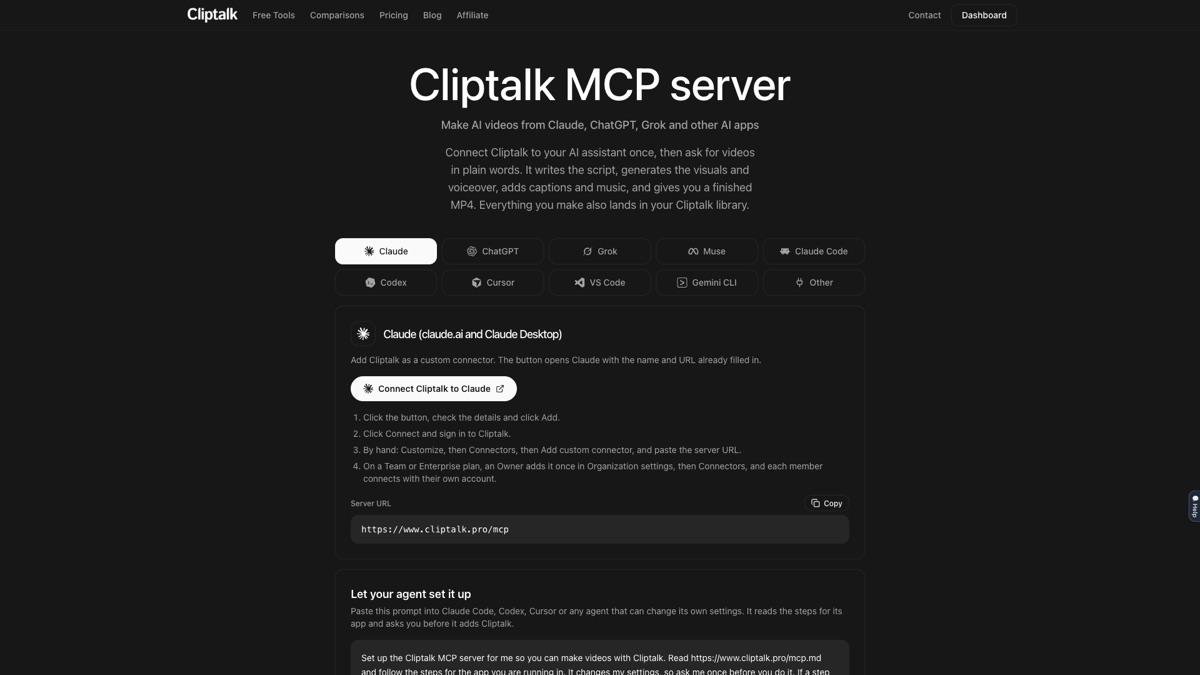 Cliptalk's MCP setup page with a one-click Connect button for Claude