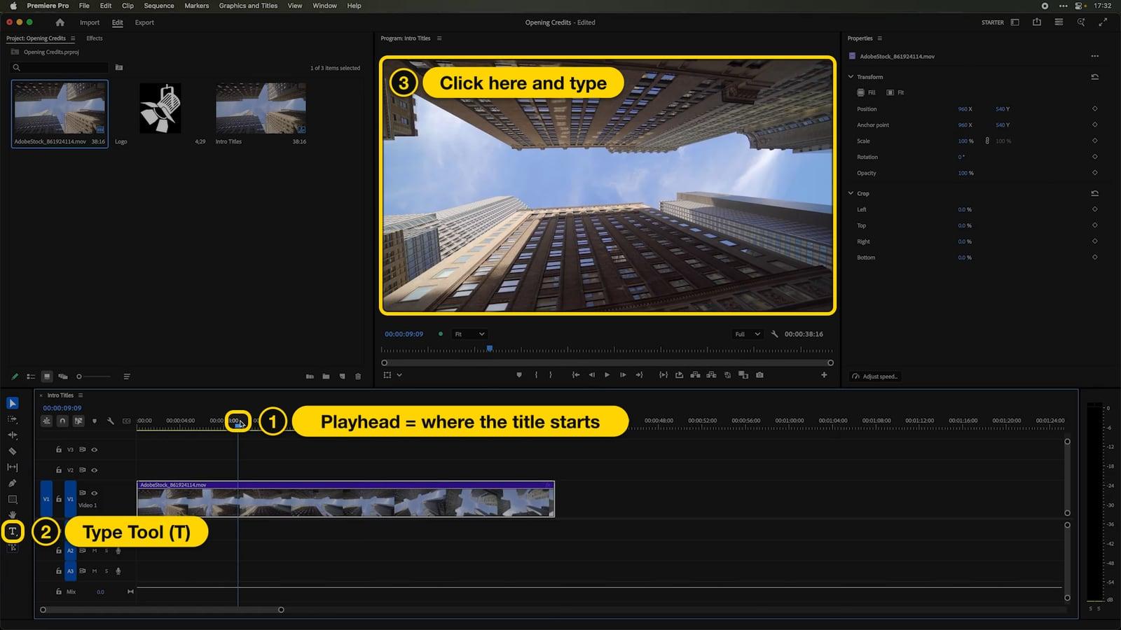 Premiere Pro workspace with the playhead, the Type Tool in the toolbar and the Program Monitor highlighted