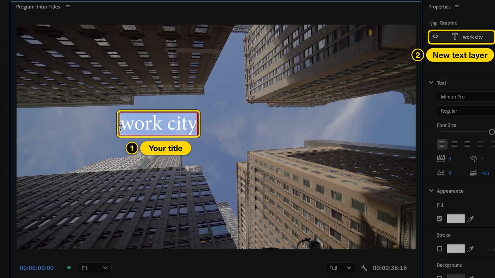 Title text typed in the Premiere Pro Program Monitor, with the new text layer shown in the Properties panel