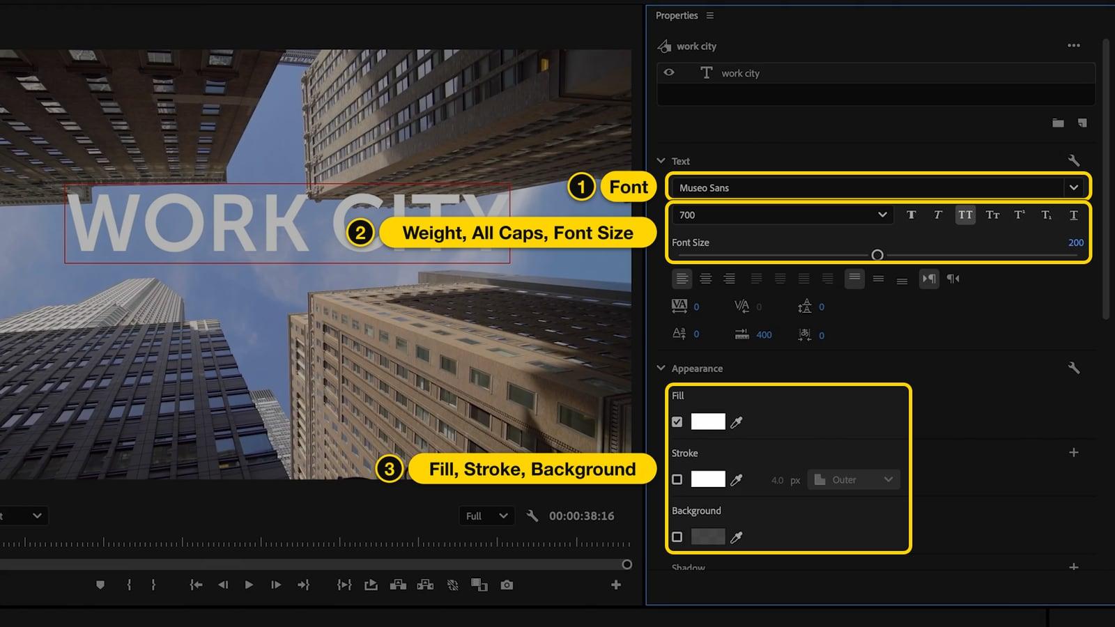 Properties panel in Premiere Pro with the font menu, font size and the Fill, Stroke and Background options highlighted