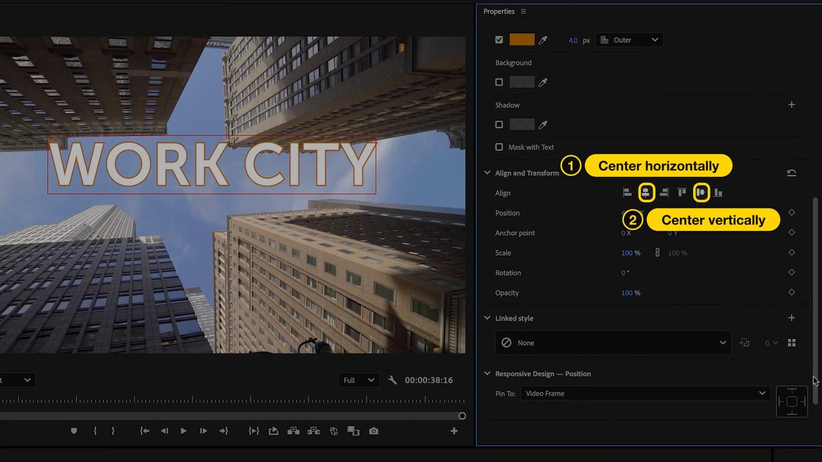 Align and Transform section of the Premiere Pro Properties panel with the center horizontally and center vertically buttons highlighted