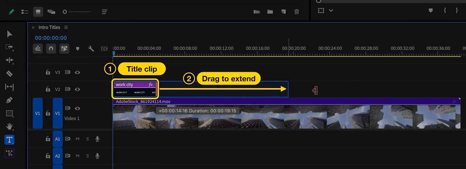 Premiere Pro timeline with the title clip on track V2 and an arrow showing where to drag its end to make it longer