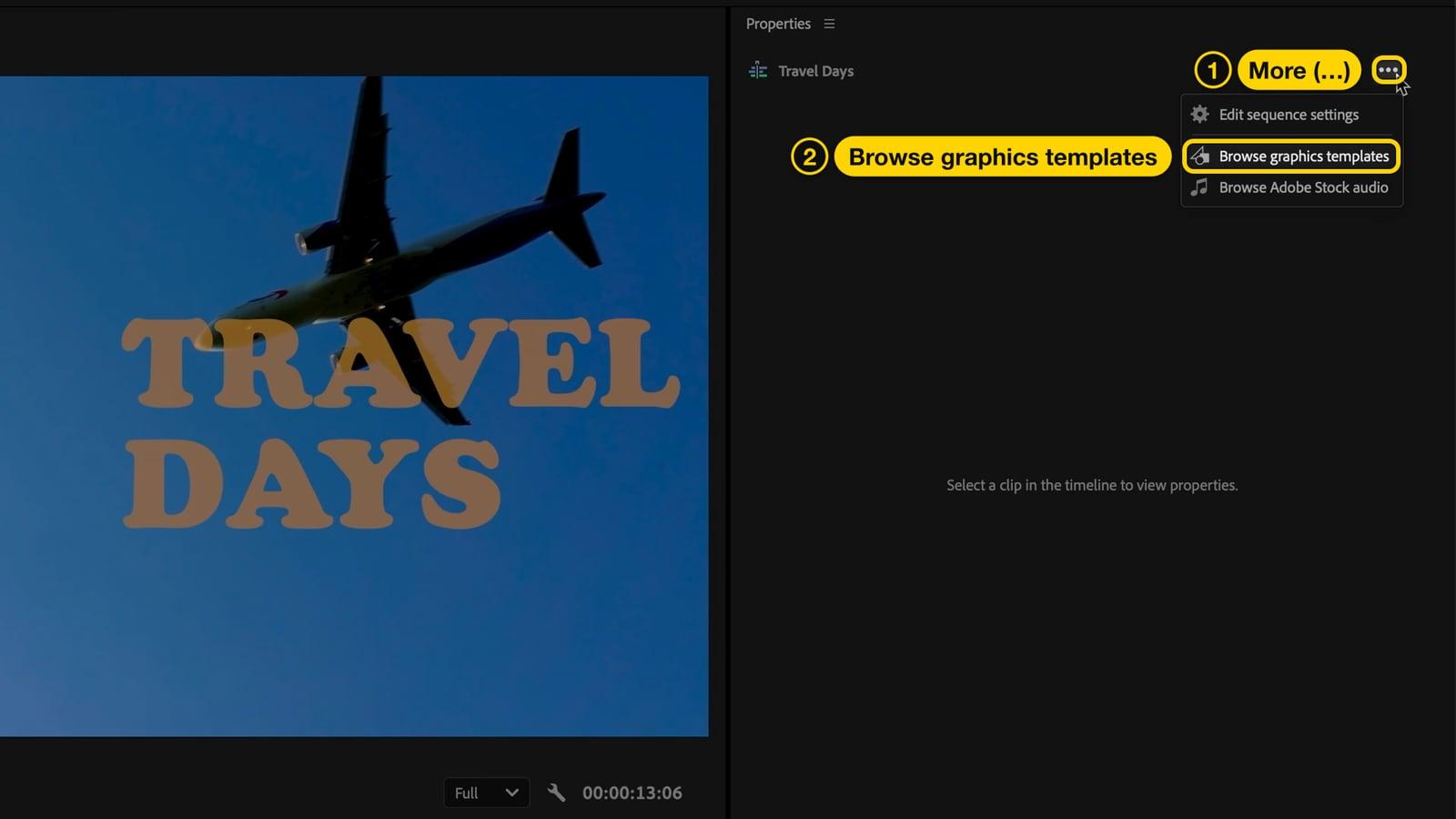 More menu of the Premiere Pro Properties panel open, with Browse graphics templates highlighted