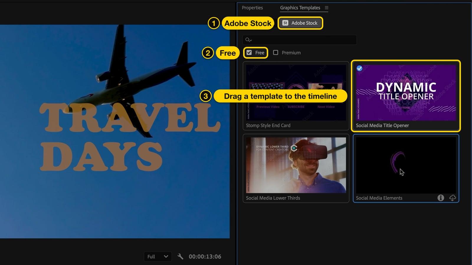 Graphics Templates panel in Premiere Pro with the Adobe Stock tab, the Free filter and a title template highlighted