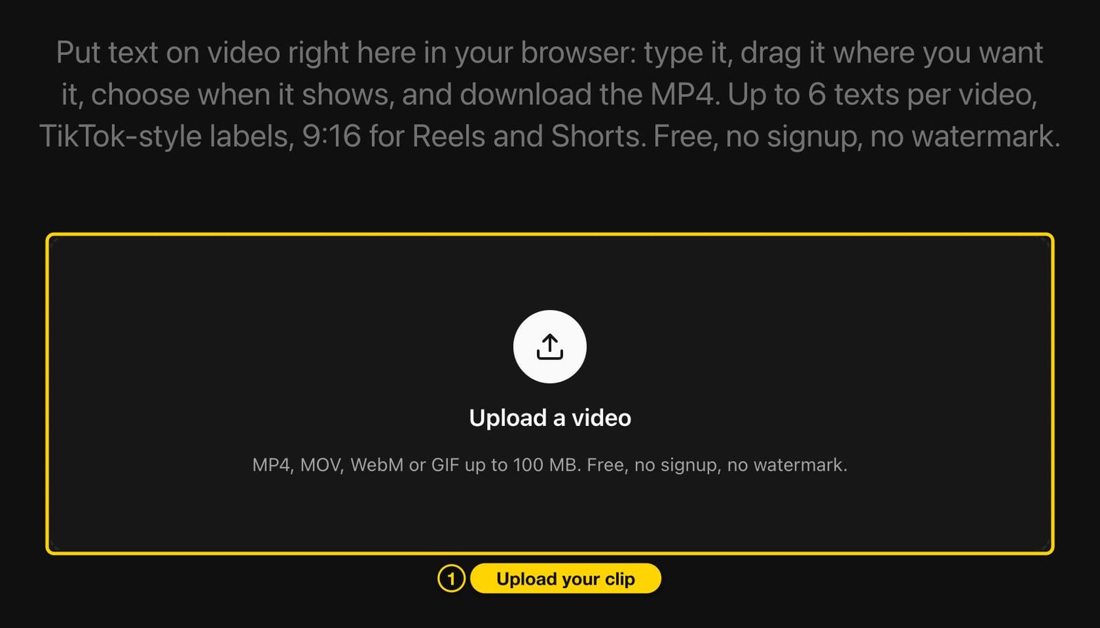 Cliptalk Add Text to Video tool with the Upload a video button highlighted