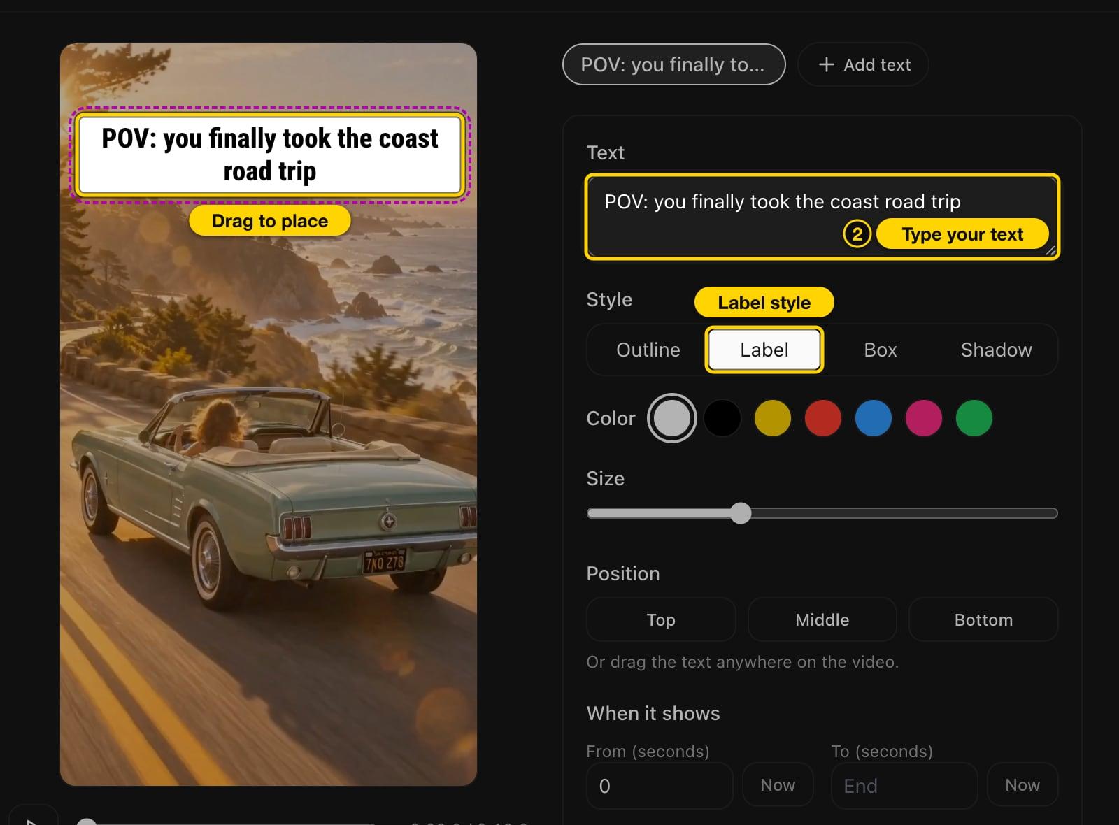 Text box, Label style and the draggable text on the video preview highlighted in the Add Text to Video tool