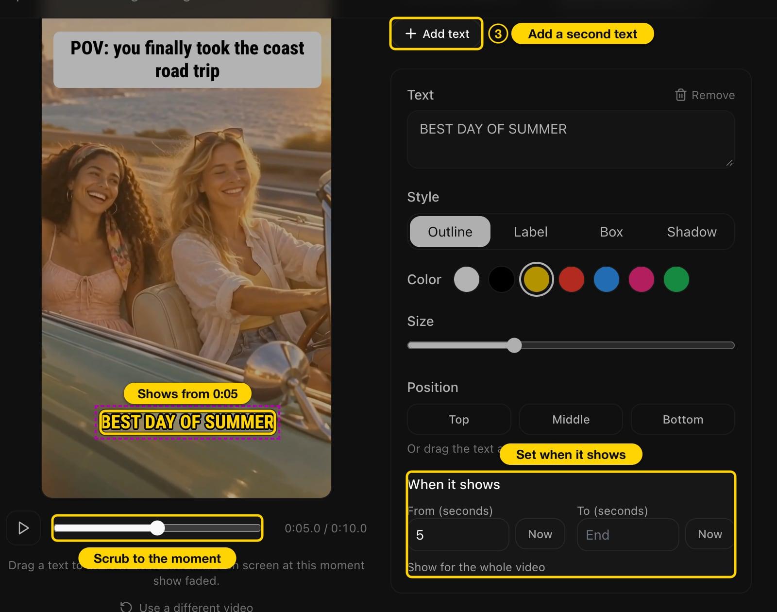 Second text added with its From time set to 5 seconds, shown on the preview from 0:05