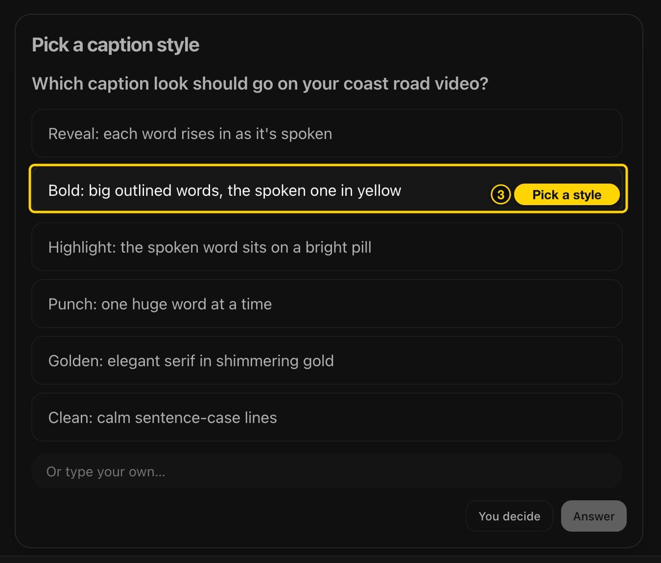 Pick a caption style dialog in Cliptalk with the Bold style highlighted