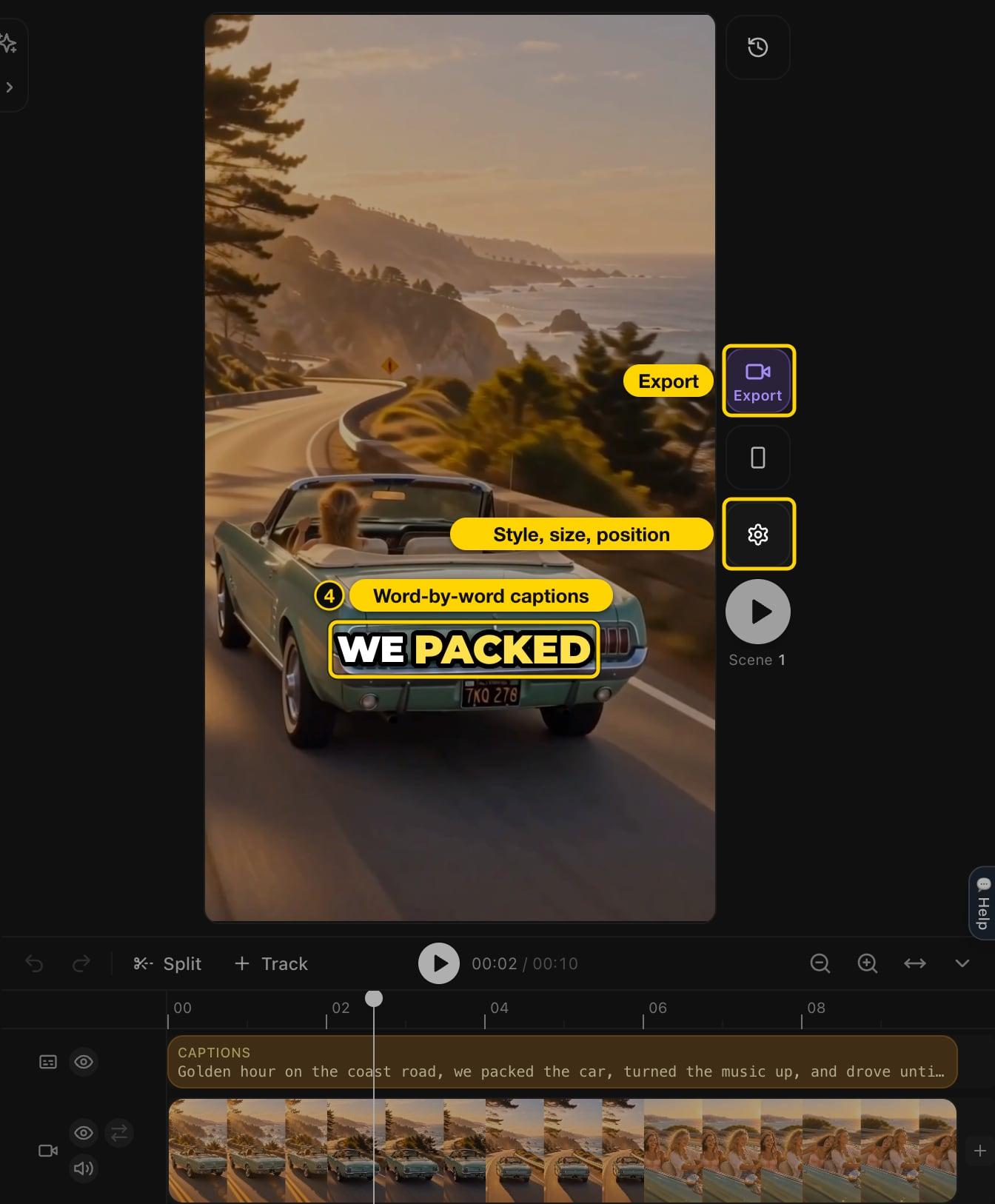 Cliptalk video preview with bold word-by-word captions, the settings gear and the Export button highlighted