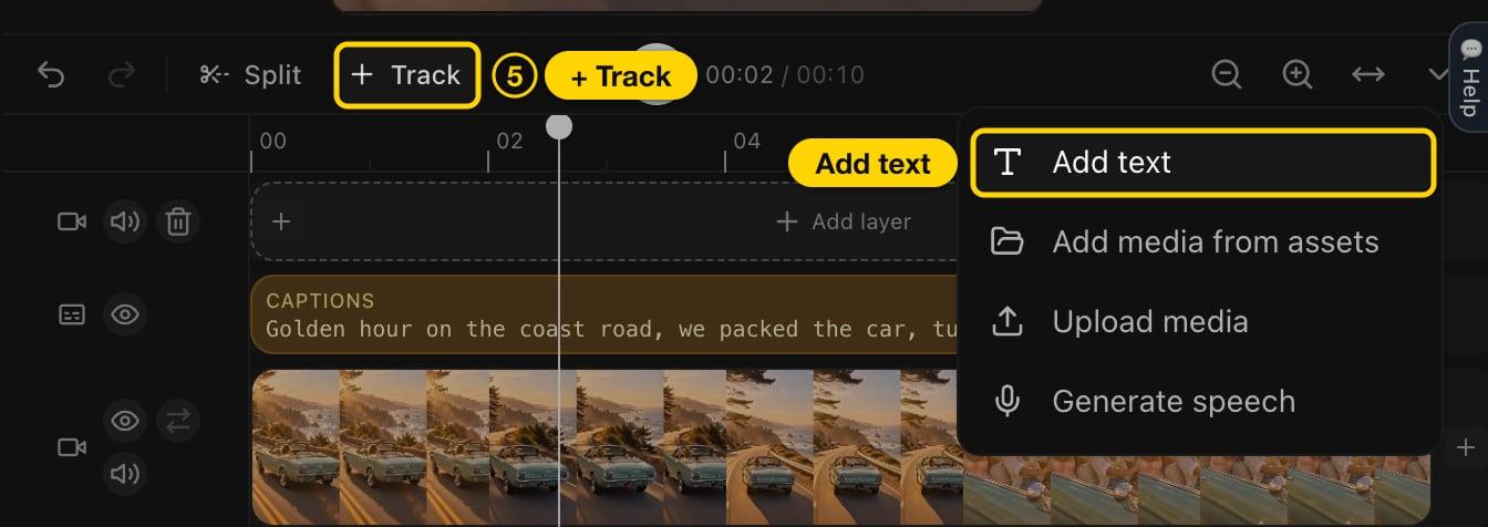 Cliptalk timeline with the Track button and the Add text option highlighted