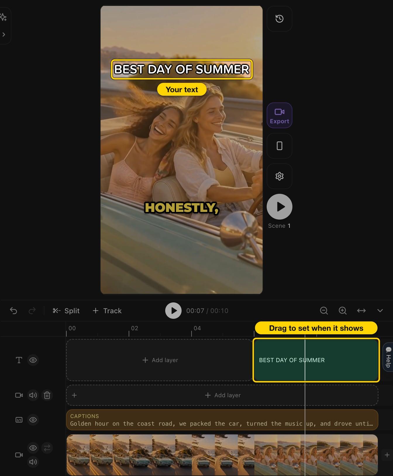 Cliptalk preview showing timed text above the captions, with the text clip highlighted on the timeline