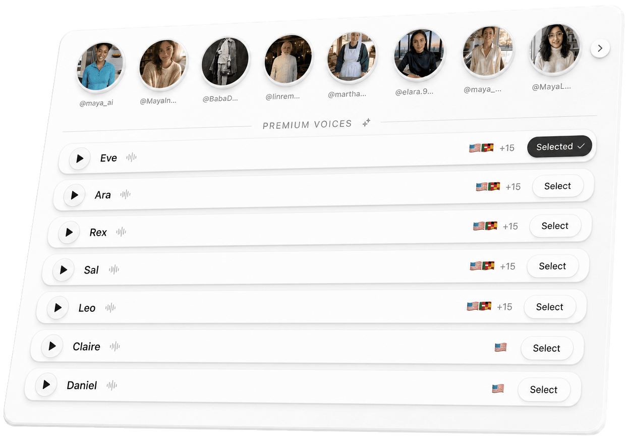 ClipTalk voice and character selector with 100+ premium AI voices