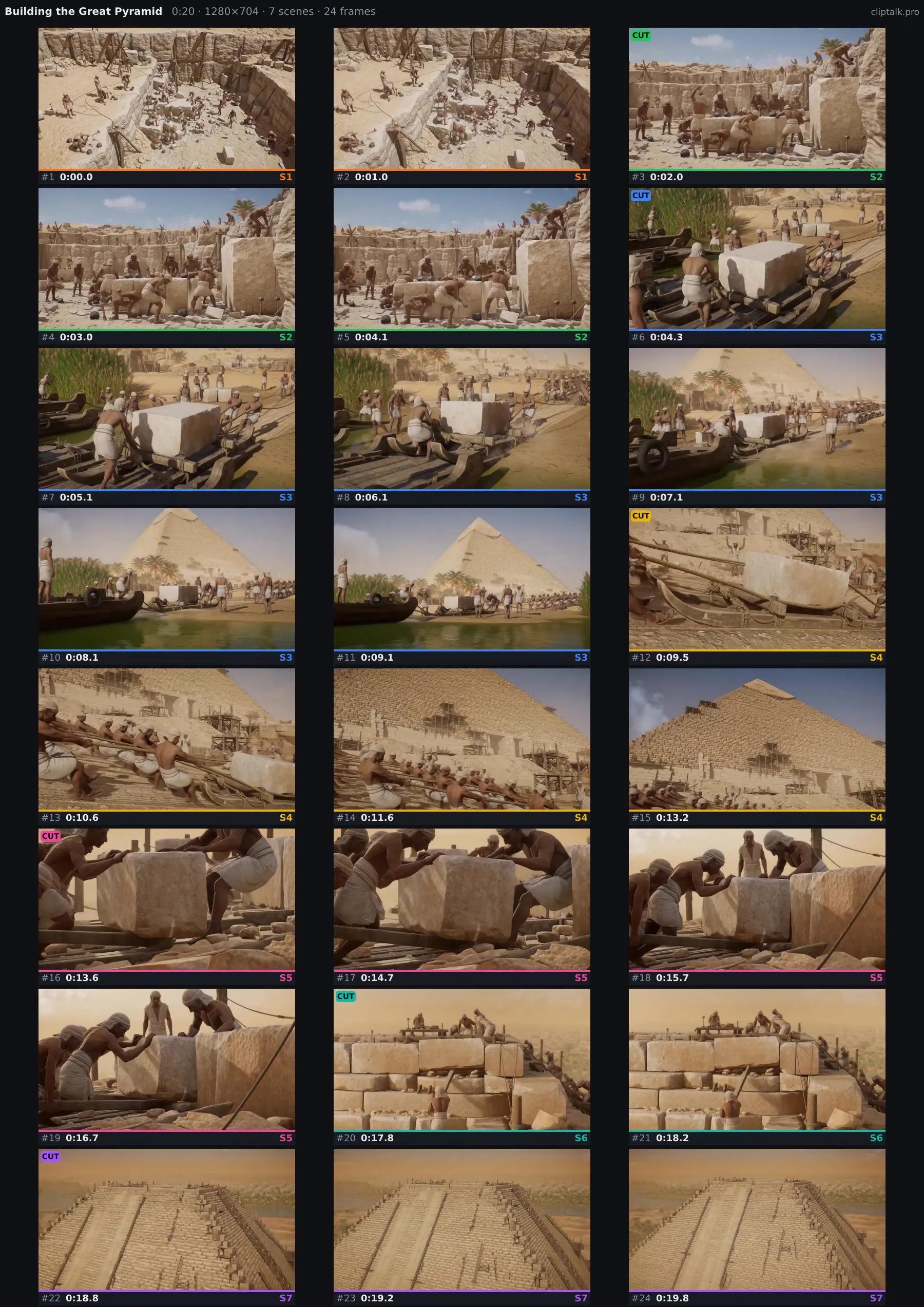 A4 contact sheet of a 20-second widescreen documentary clip about building the Great Pyramid: 24 frames across 7 scenes with timestamps and scene numbers.