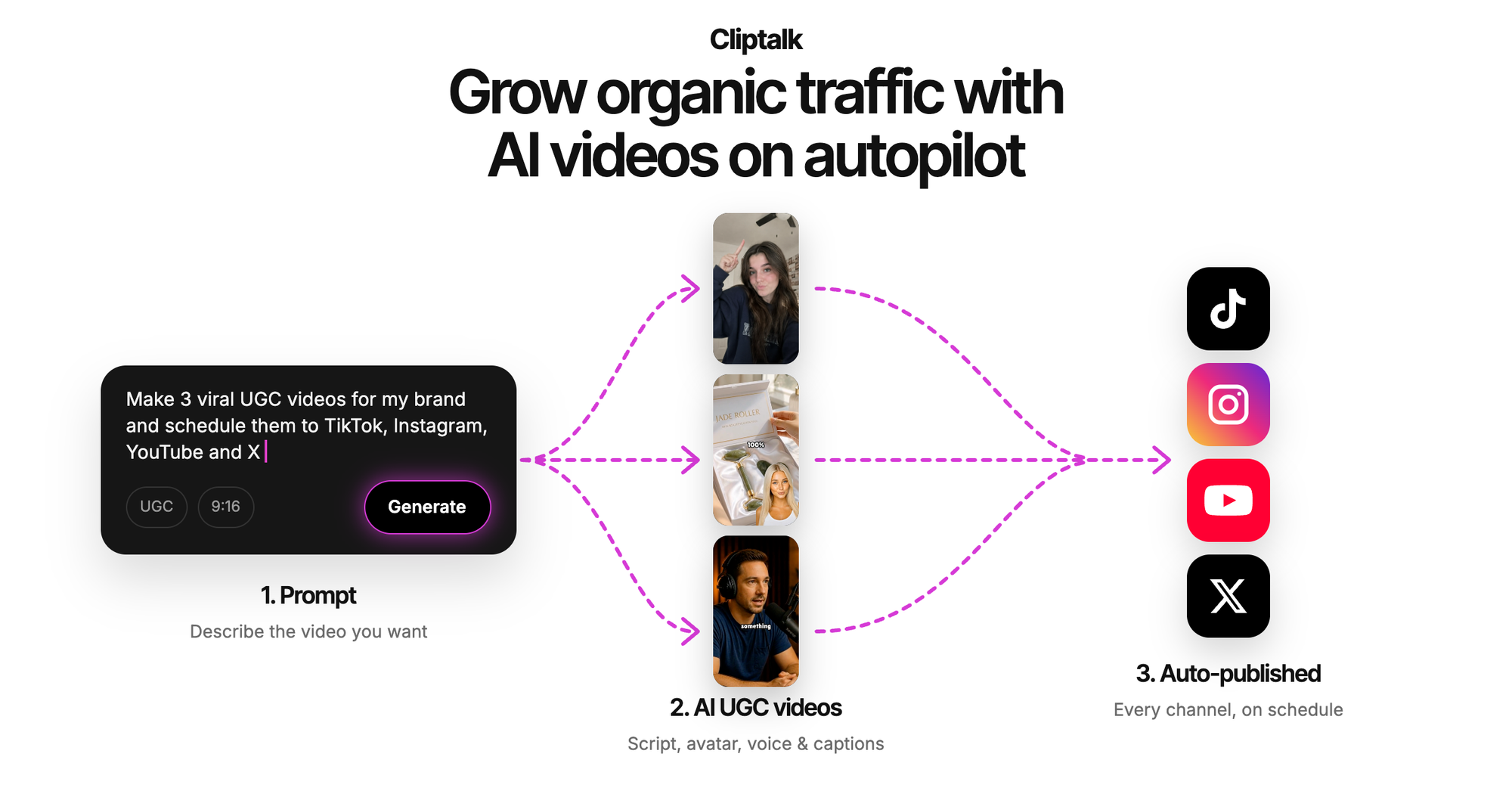 Cliptalk AI video creation tool turning a script into a finished vertical video with captions and B-roll